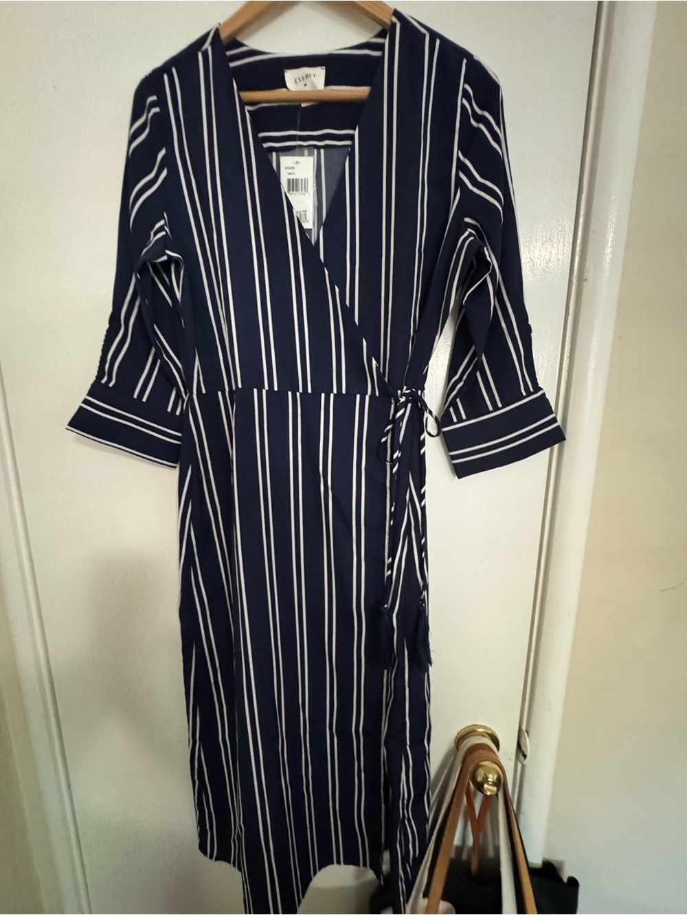 Everly Navy and White Vertical Stripe Wrap Dress